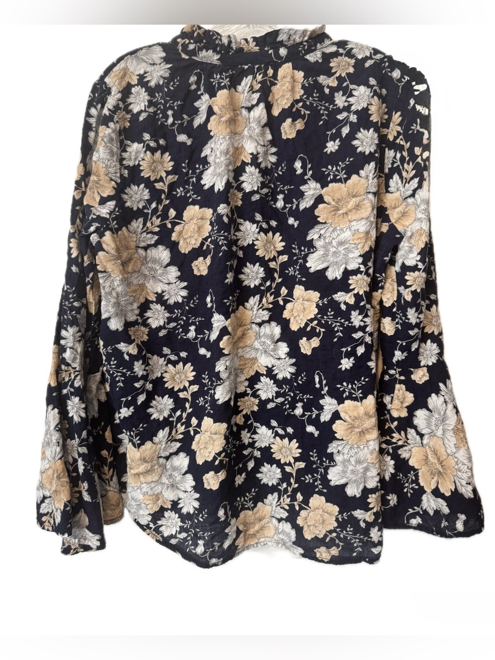 Umgee Floral Boho Peasant Blouse Navy Beige Bell Sleeve Tie Neck Size Large - Picture 2 of 7